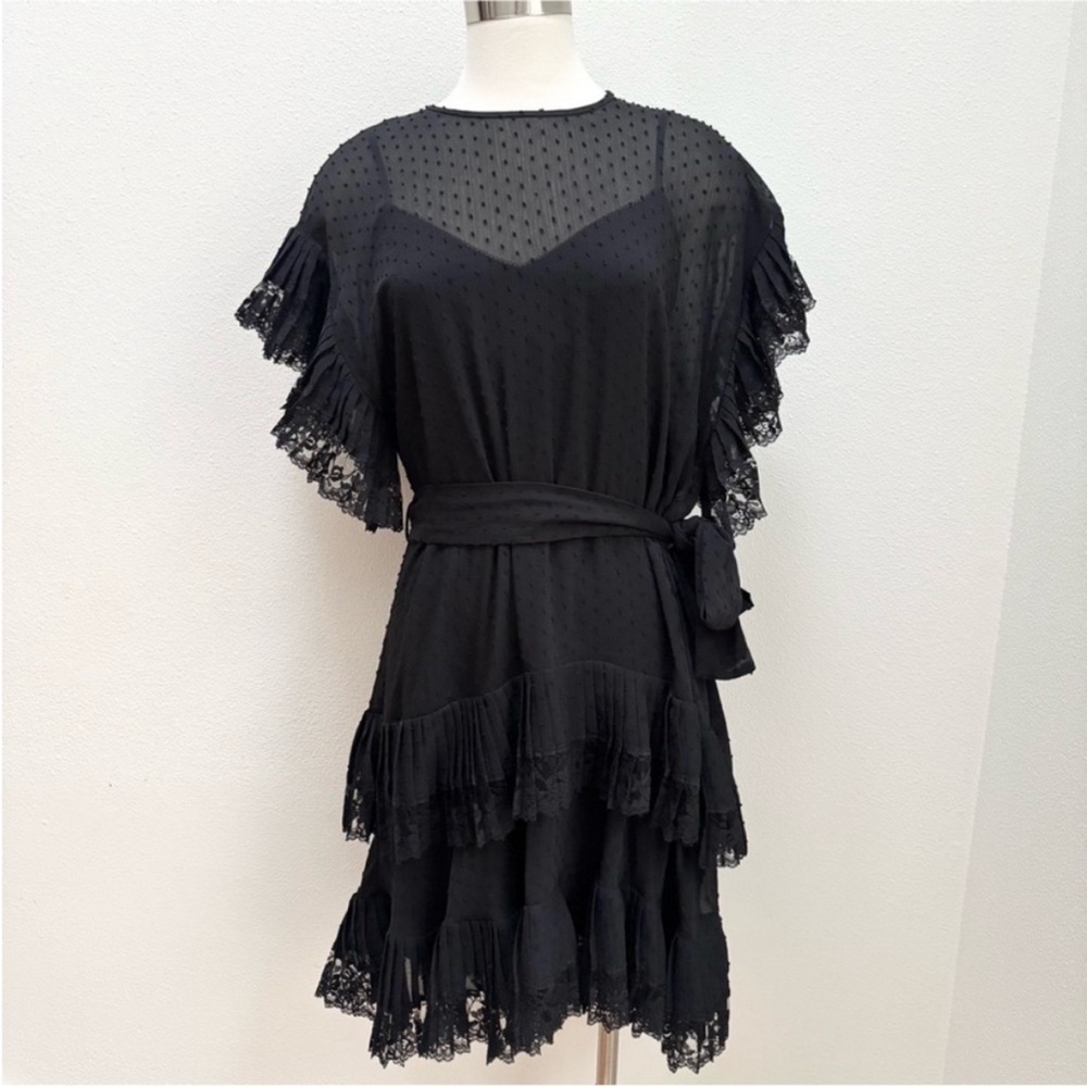 Zimmermann Espionage Mini Dress Ruffle Tiered Swiss Dot Rare Black Size 2 US 6 8